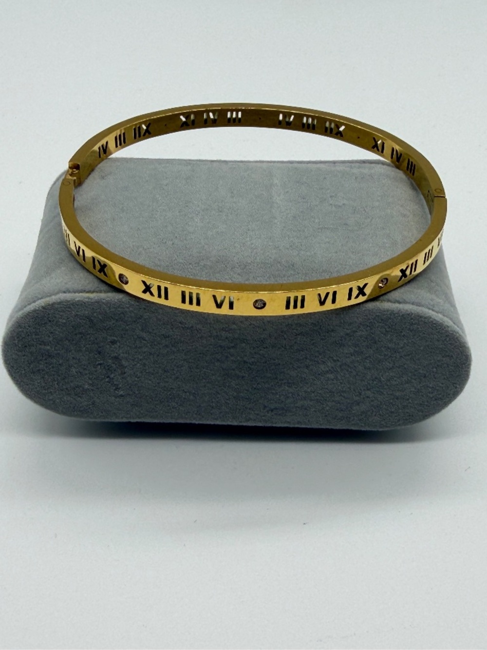 Roman Numeral Hinged Bangle Bracelet with Crystals - Goldtone